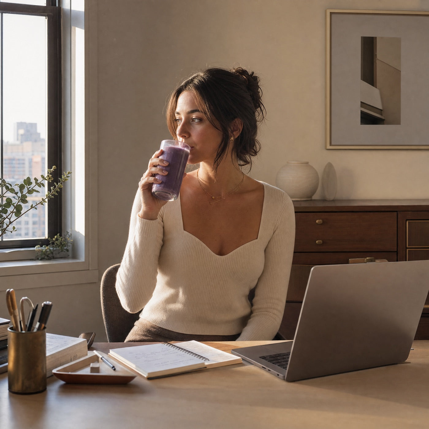 Femme calme à son bureau sirotant son rituel violet UBurn — après