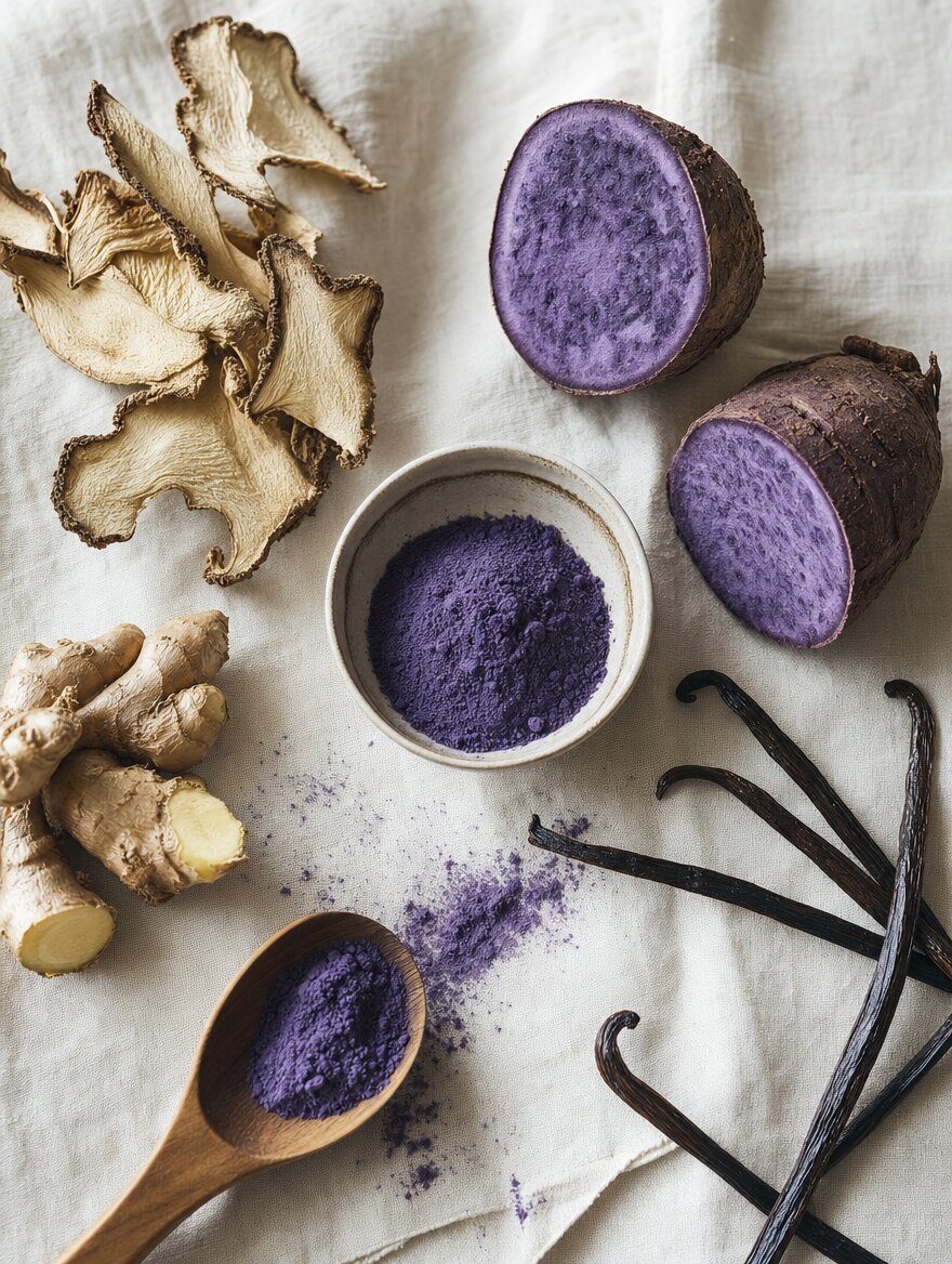 Editorial flat lay of ube purple yam, konjac slices, ginger root, violet powder bowl, dried vanilla pods on cream linen