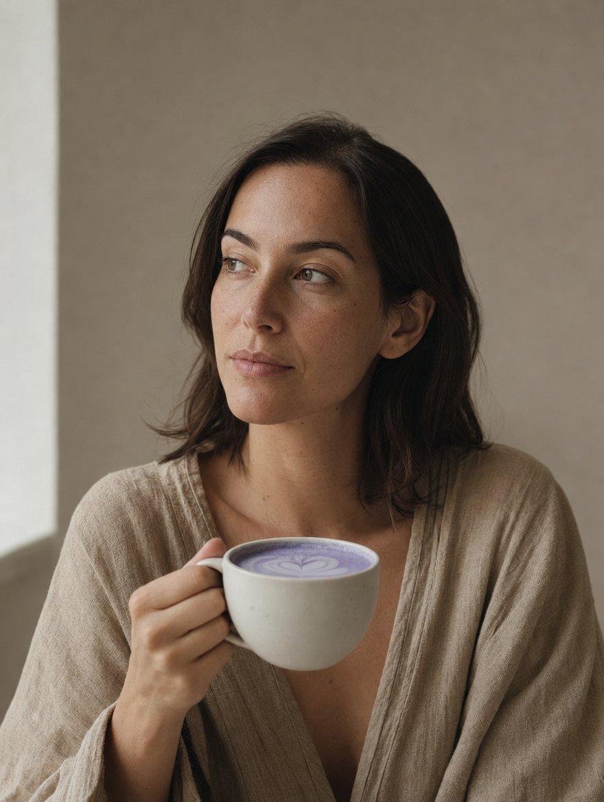 Portrait de la fondatrice UBurn tenant sa tasse de rituel violet