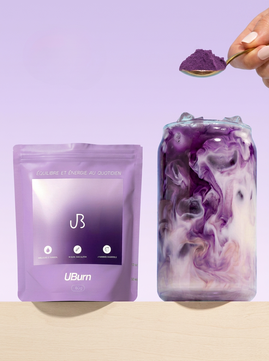 Lait crémeux versé dans un verre, mélange violet en mouvement