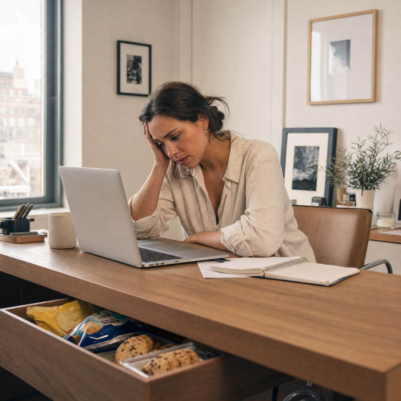 Femme stressée à son bureau, tiroir de snacks ouvert — avant UBurn