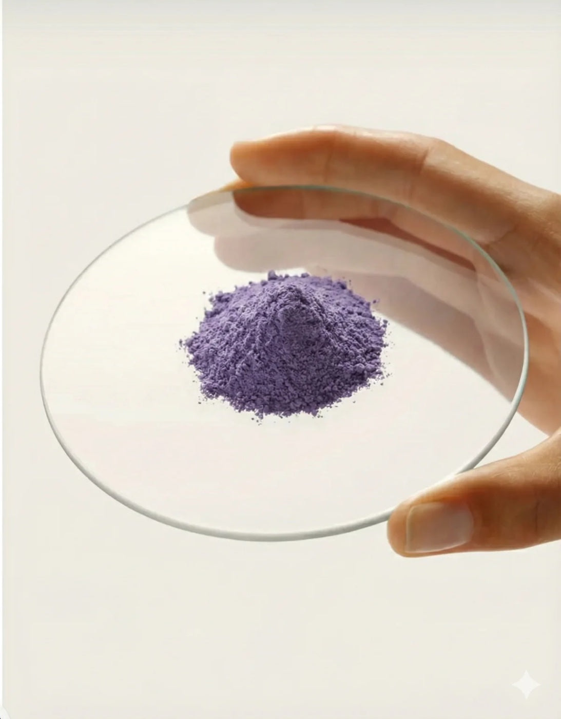 Main tenant une lame de laboratoire en verre contenant un petit tas de poudre d'ubé violette, fond crème éditorial