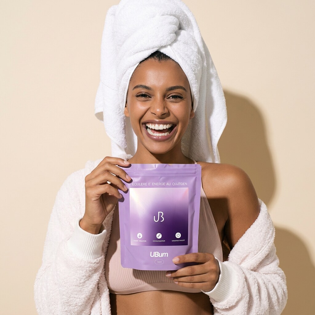 Femme tenant un verre de latte ube violet glacé à côté du sachet UBurn et d'une cuillère de poudre, lumière matinale chaude