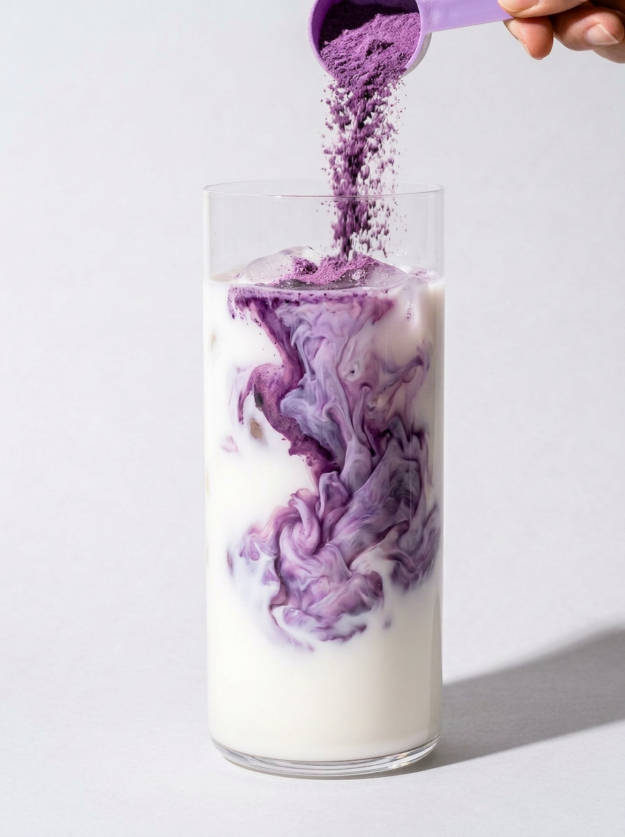 Poudre violette UBurn versée dans un verre d'eau sur plan de travail