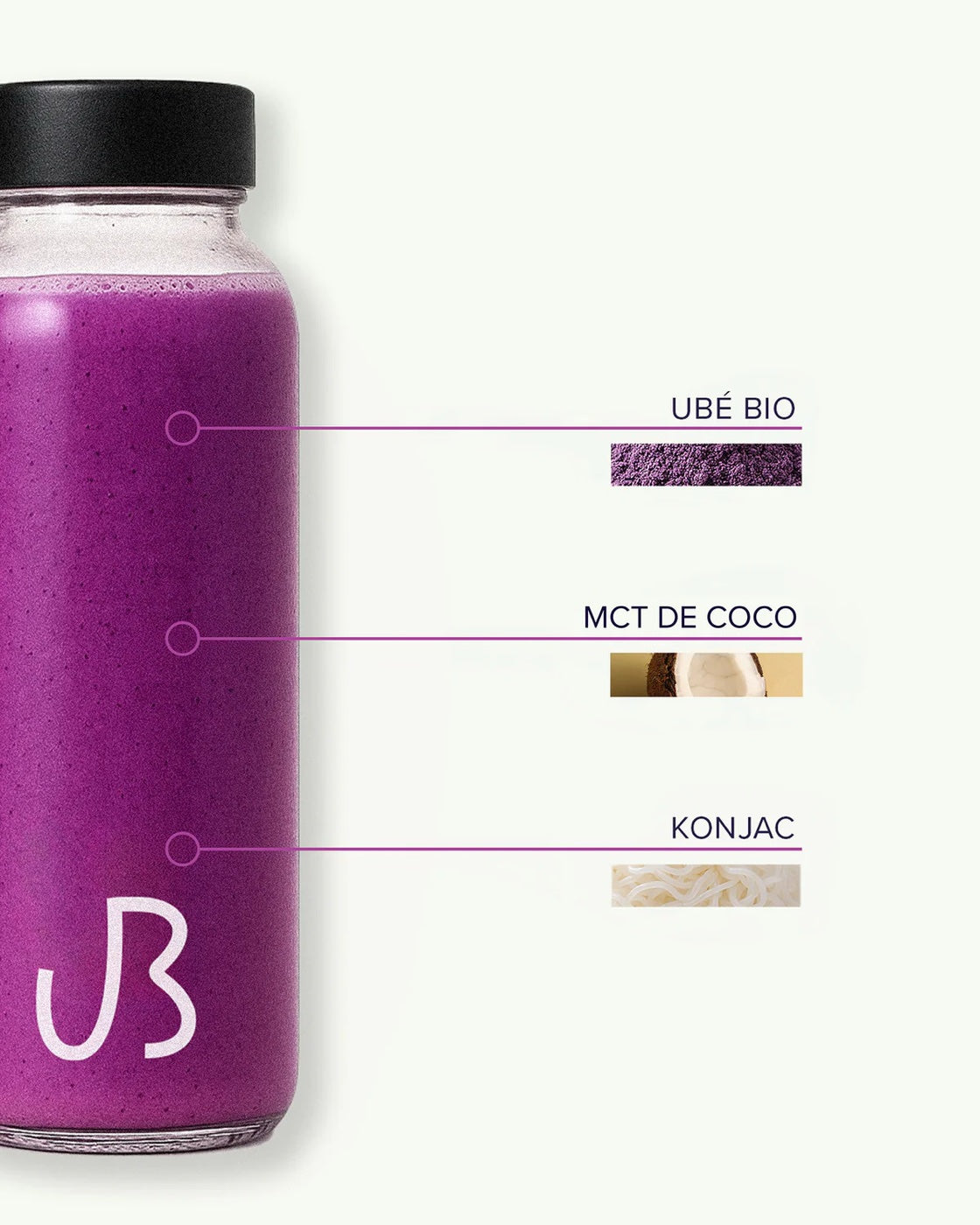 Vraie bouteille en verre UBurn 500ml, formule ubé bio + MCT coco + konjac